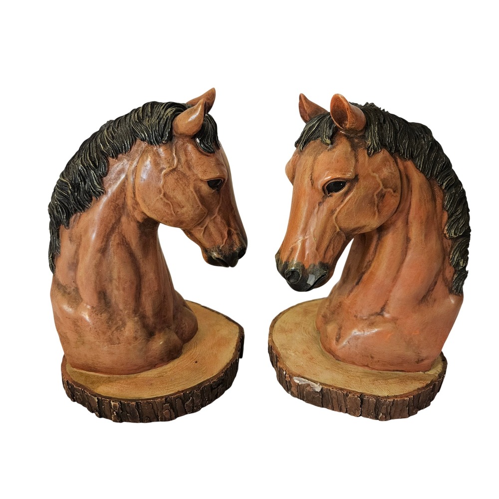 Vintage Horse Head Bookends Rustic Wood Slice Base Decorative Set - Picture 2 of 9